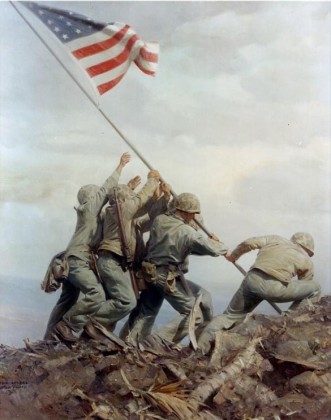 Oil painting by Tom Lovell, from the photograph by Joe Rosenthal of the second flag raising.